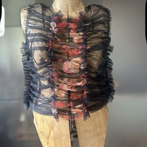 MOLLY GODDARD Black red Sheer tulle ruched & ruffle Mesh floral/roses Top S/M